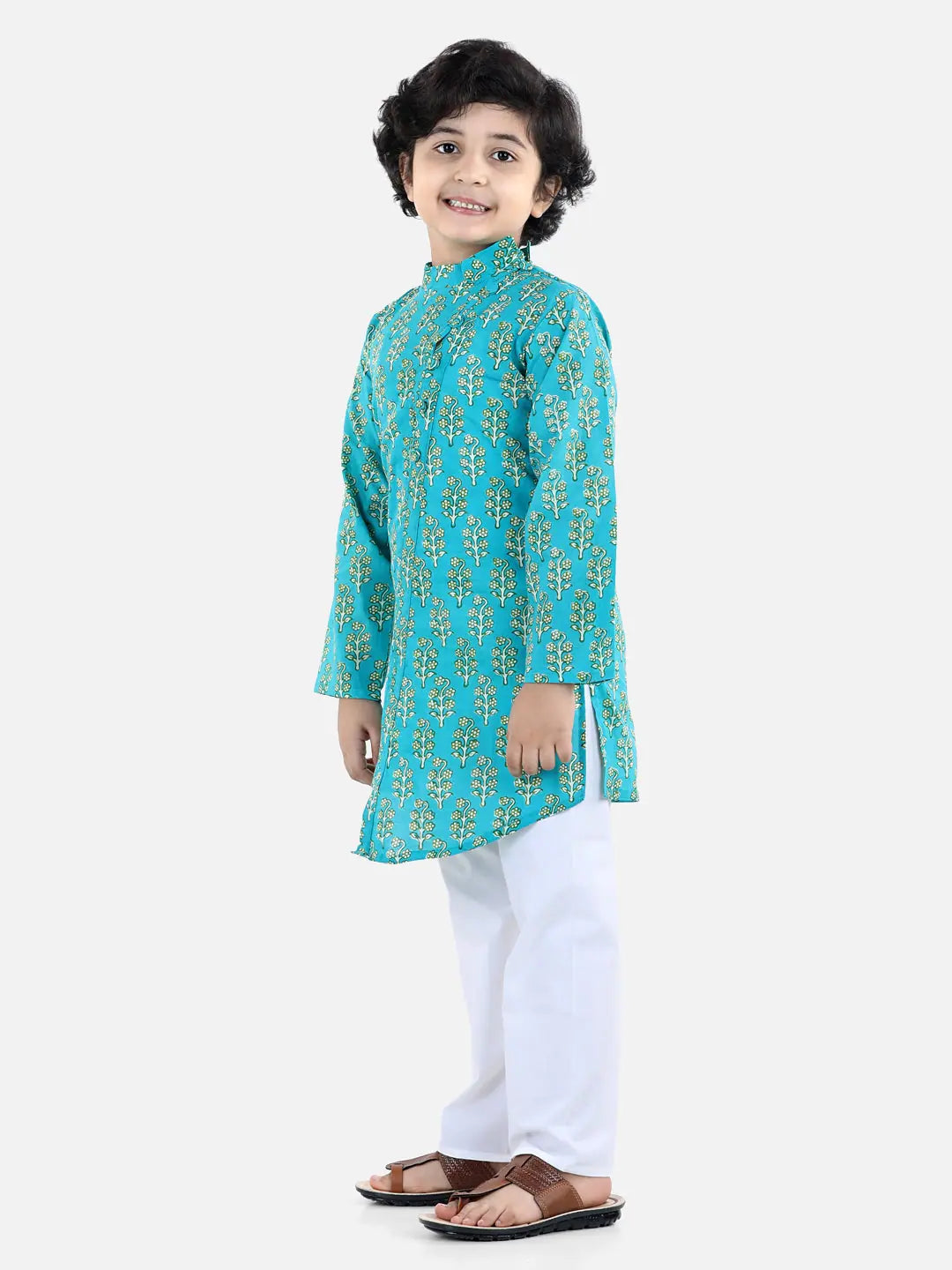 Boys Indian Wear: Floral Kurta Pajama Set - BownBee Green