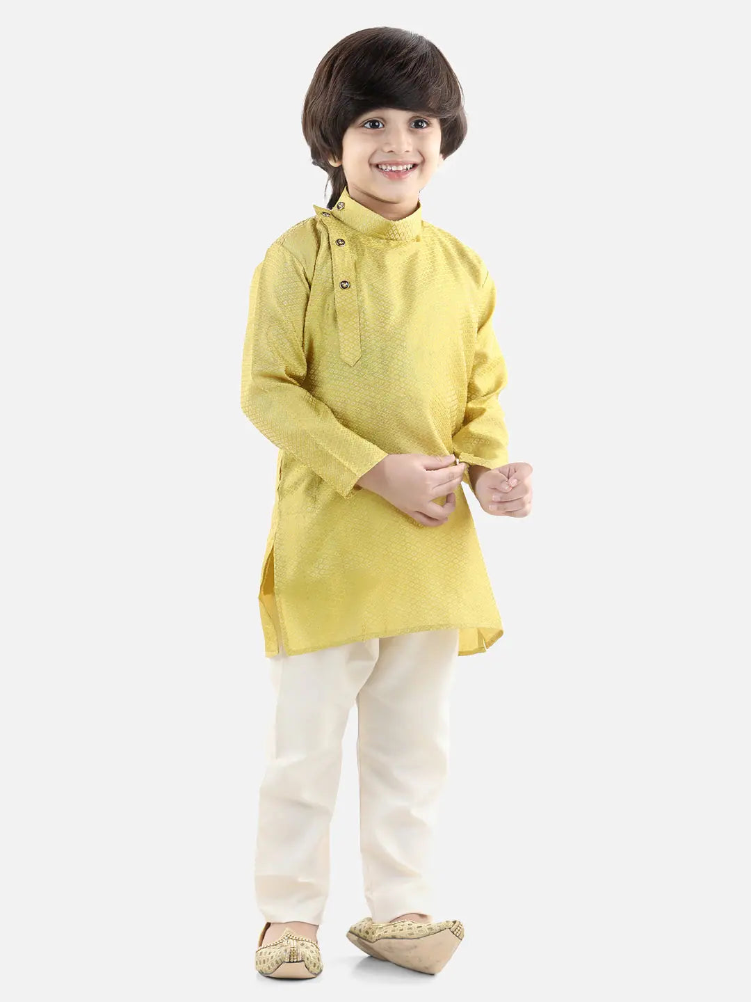 Boys Indian Wear: Yellow Jacquard Kurta Pajama Set