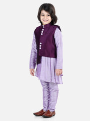 BownBee Boys Ethnic Festive Wear Assymetric Kurta Pajama with Jacquard Jacket-Purple