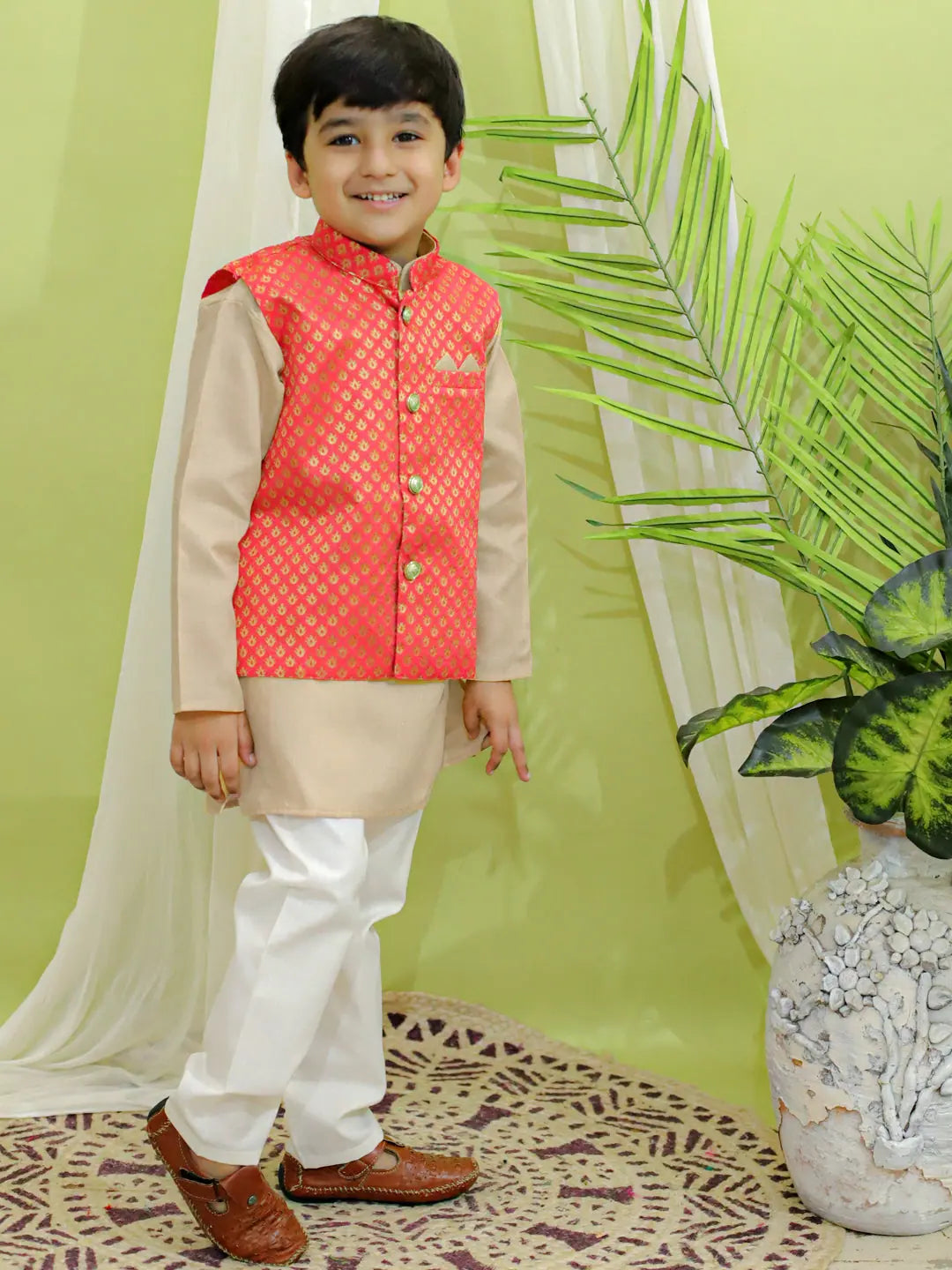 BownBee Coral Nehru Jacket Kurta Pajama Set | Boys Indian Wear