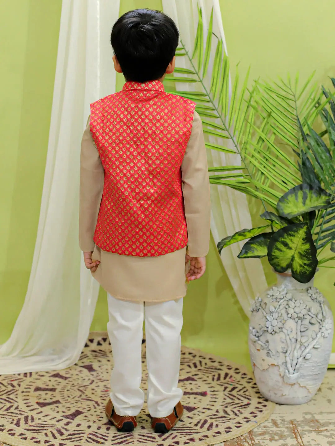 BownBee Coral Nehru Jacket Kurta Pajama Set | Boys Indian Wear