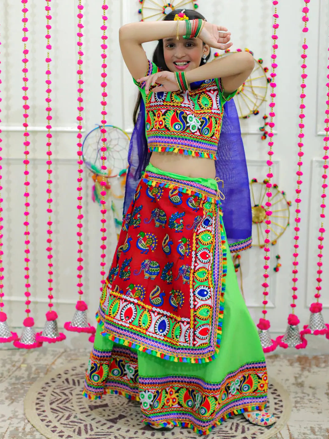 Green Cotton Chaniya Choli: Girls Navratri Indian Outfit