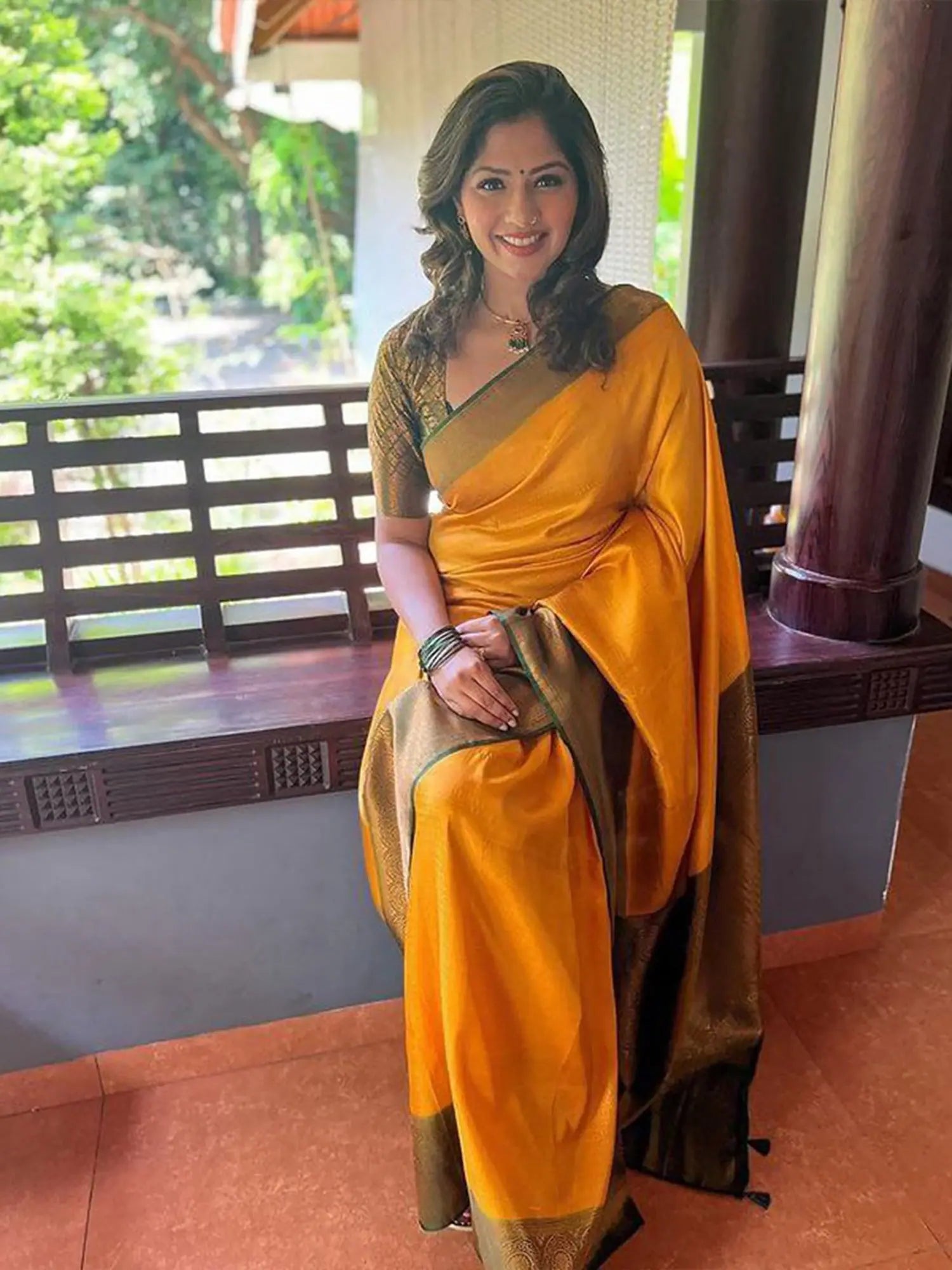 Yellow Silk Saree - Kanchipuram Style Indian Sari
