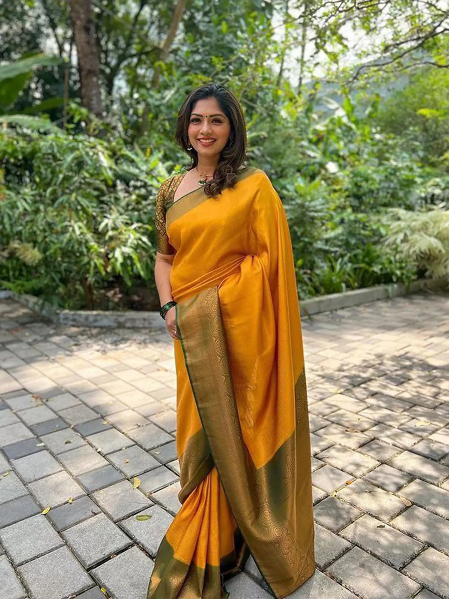 Yellow Silk Saree - Kanchipuram Style Indian Sari