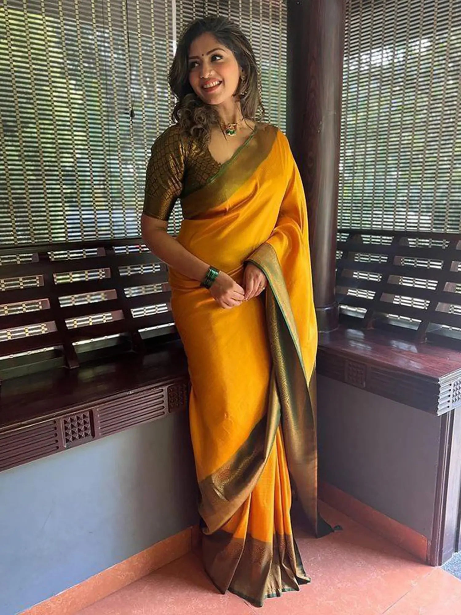 Yellow Silk Saree - Kanchipuram Style Indian Sari