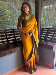Women's Blend Navy Blue Woven Design Designer Saree With Blouse Piece-SMNGLM1001