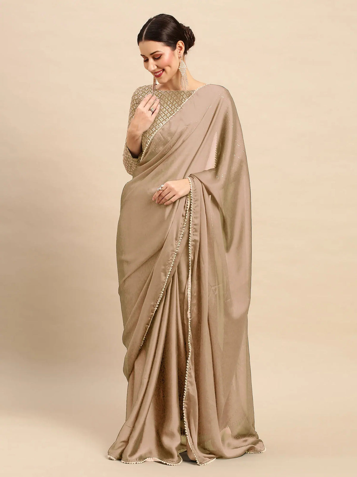 Cream Sequins Women Saree