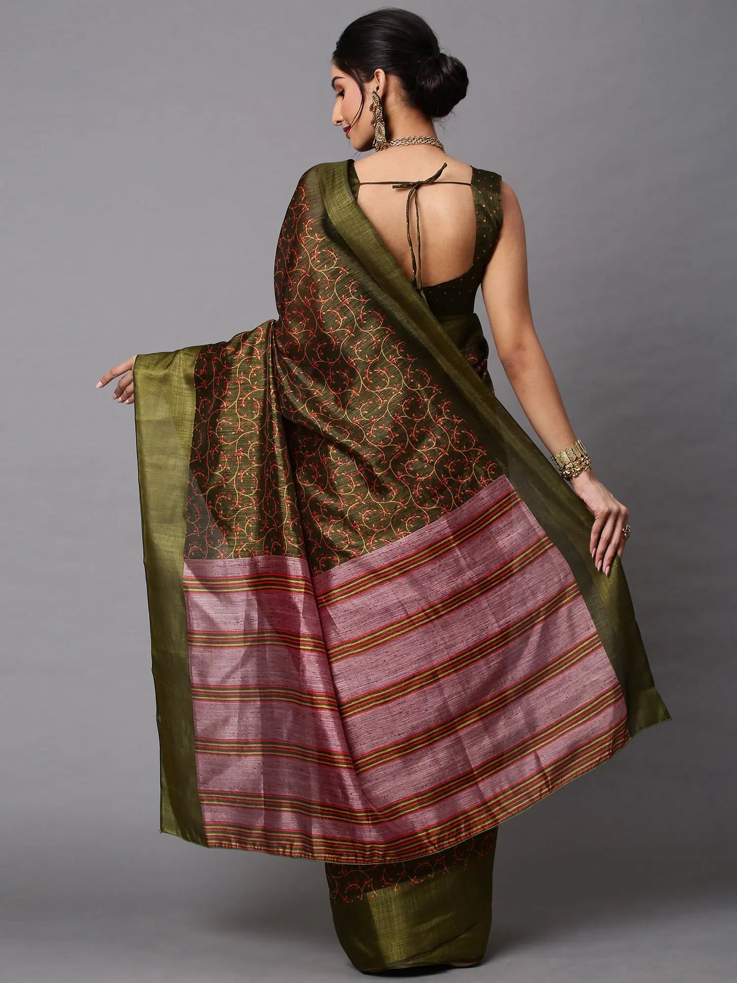 Olive Printed Linen Indian Sari - Elegant Women's Saree