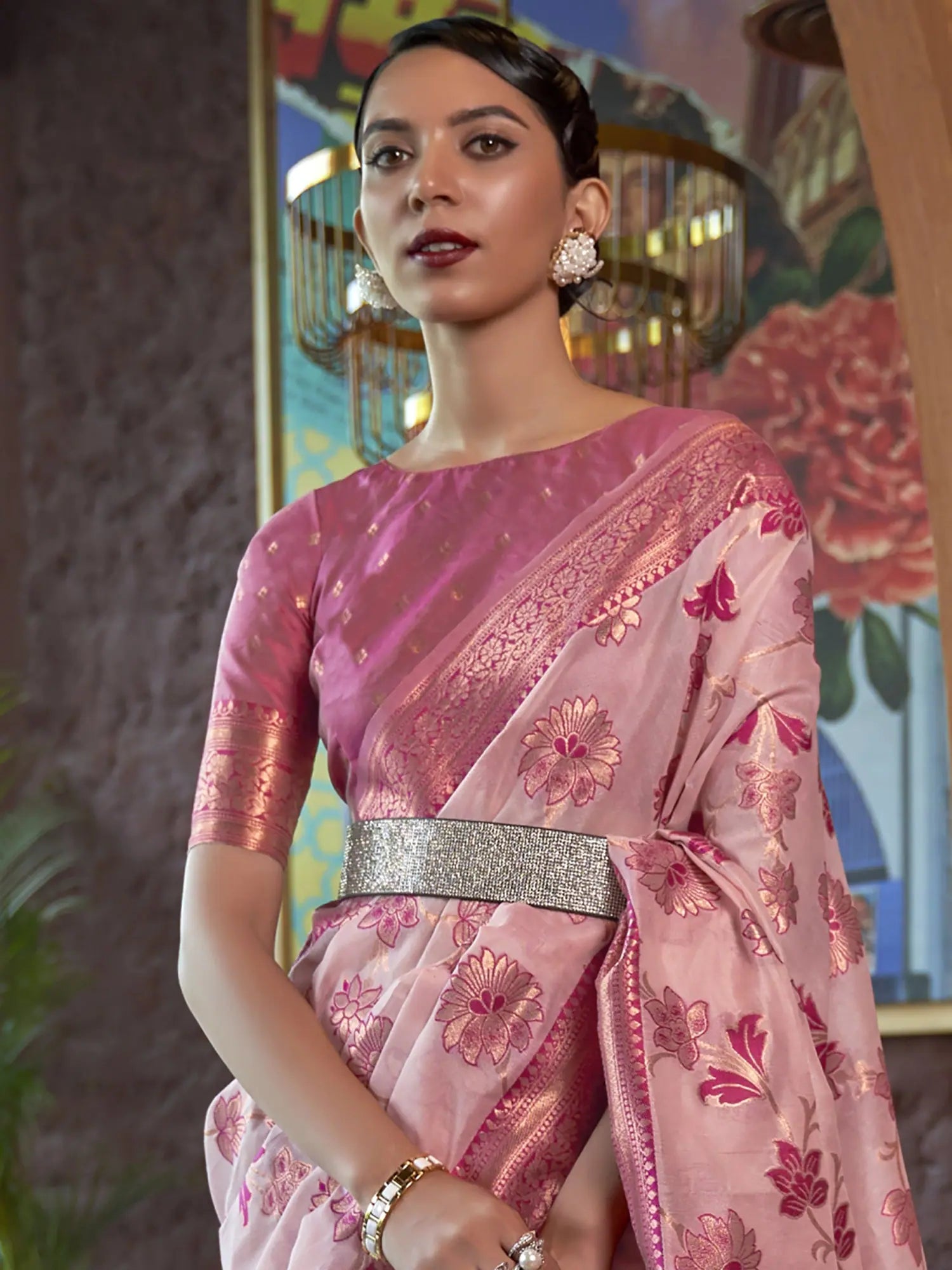 Pink Organza Saree with Tassels | Indian Sarees