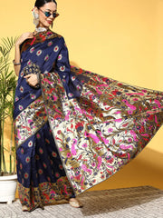 Women's Cotton Blend Cream Woven Design Celebrity Saree With Blouse Piece-3VMIKA3002