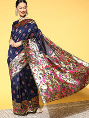 Women's Cotton Blend Cream Woven Design Celebrity Saree With Blouse Piece-3VMIKA3002