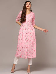 Women Cotton Pink Printed Flared Kurta VCK9322