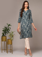 Women Viscose Rayon  Blue Printed regular Fit Kurta VCK9243