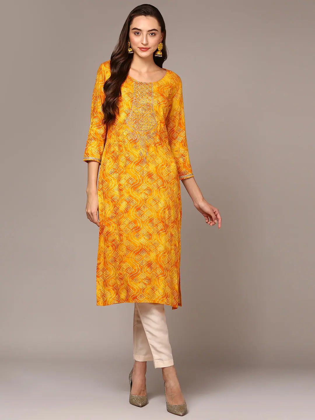 Yellow Bandhani Printed Indian Kurta - Viscose Rayon Kurti