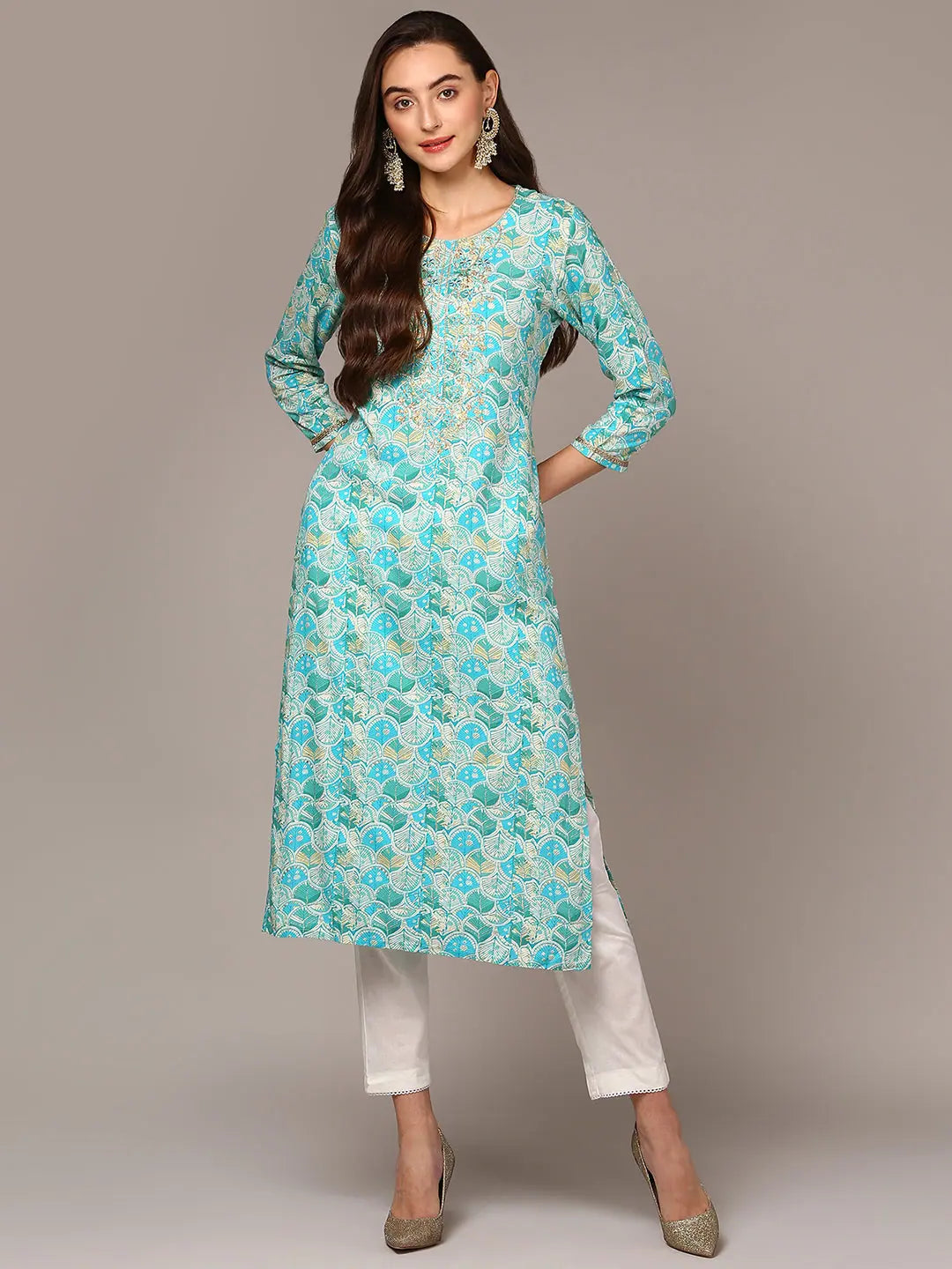 Women Turquoise Blue Viscose Rayon Ethnic Motifs regular Fit Kurta VCK9510