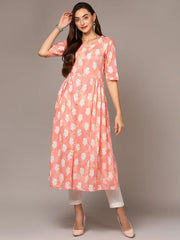 Women Cotton Peach Floral Printed Flared Kurta VCK9317