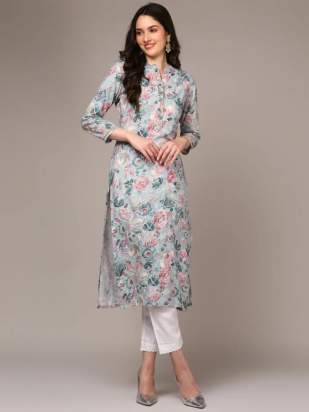 Blue Floral Printed Kurta: Women's Viscose Indian Kurti Online
