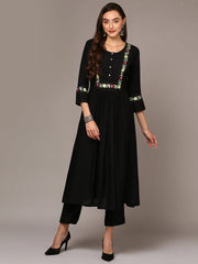 Women Black Viscose Rayon Embroidered Flared Kurta VCK9535