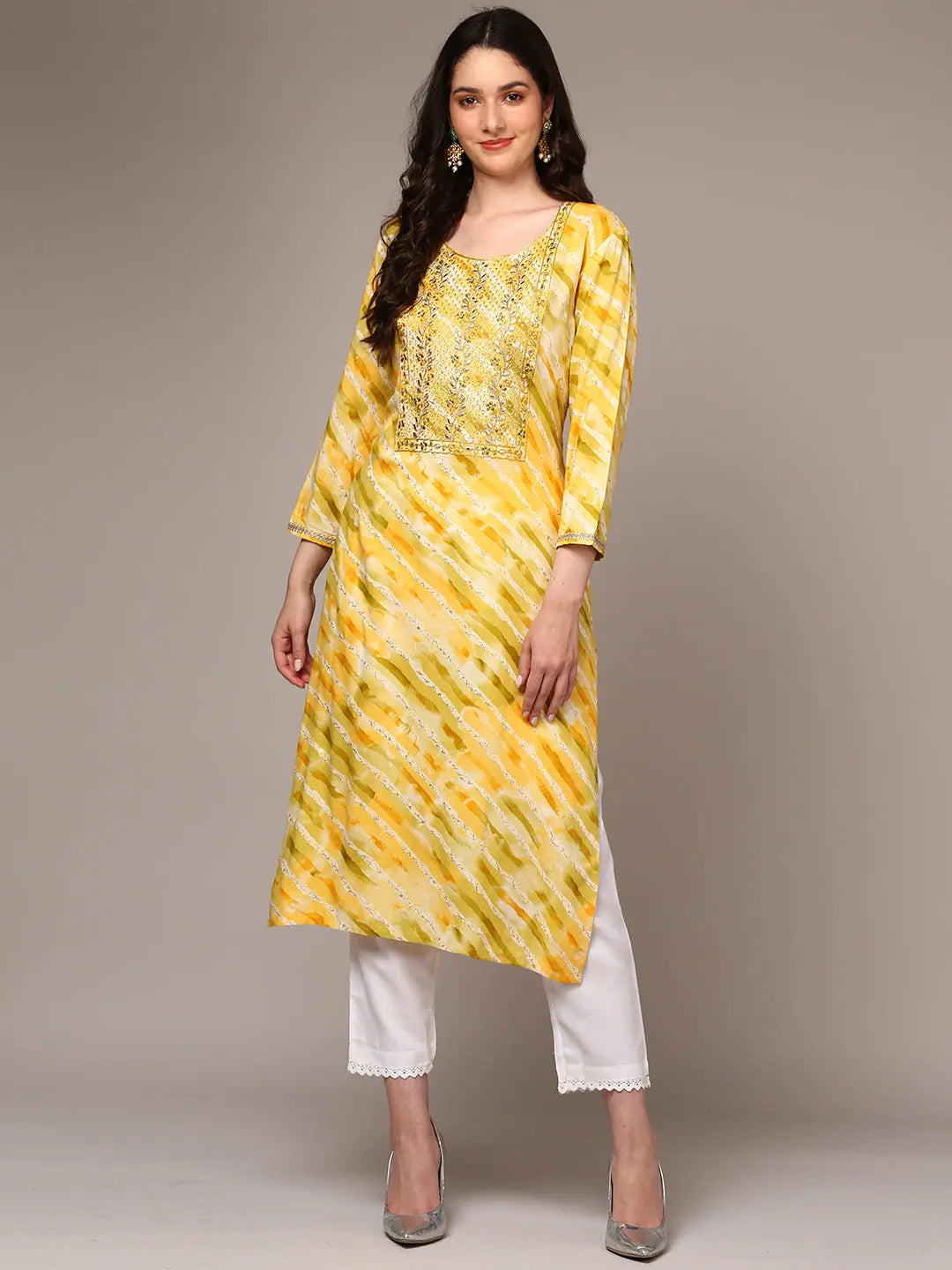 Yellow Leheriya Print Viscose Rayon Indian Kurta for Women