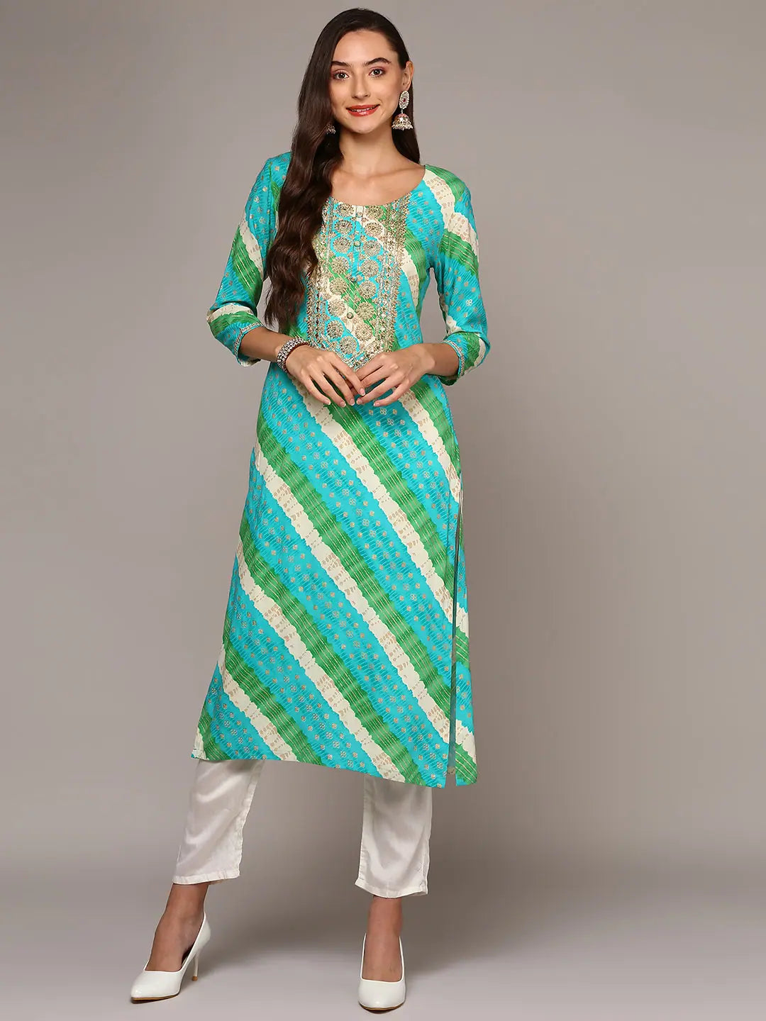 Women Blue Viscose Rayon Leheriya Straight Kurta VCK9556