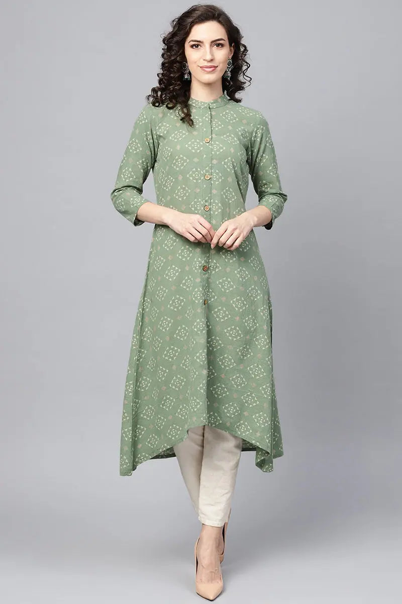 Green Geometric Printed Indian Kurta | Cotton Kurta for Women