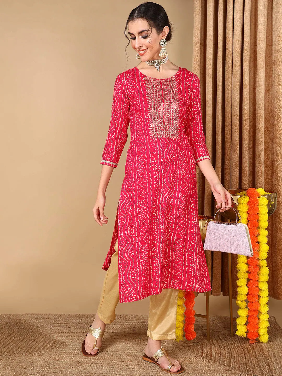 Women Pink Viscose Rayon Bandhani Embroidered Straight Kurta