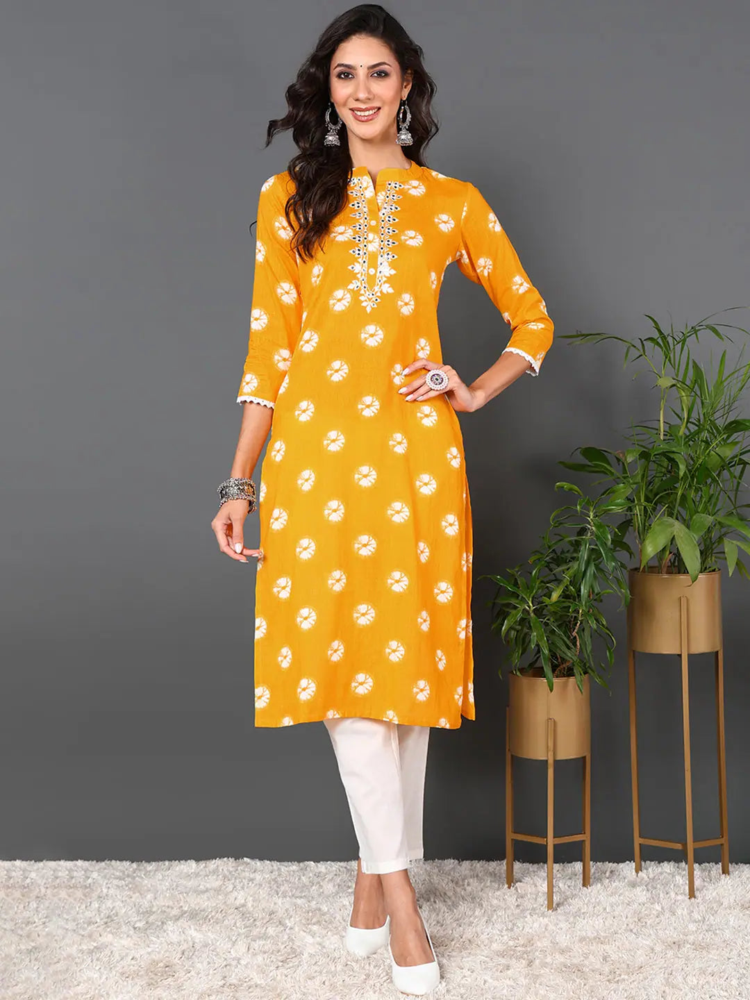 Women Yellow Cotton Embroidered Ethnic Motifs Straight Kurta