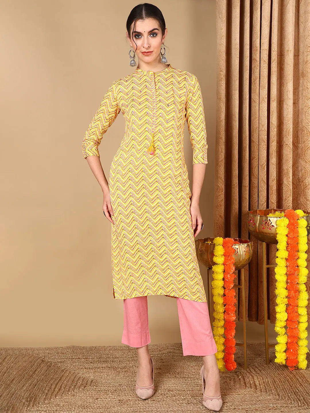 Yellow Chevron Cotton Kurta - Stylish Indian Kurta for Women