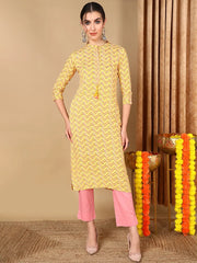 Women Yellow Cotton Chevron Printed Straight Kurta