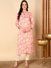 Women Pink Viscose Rayon Floral Printed Straight Kurta-VCK9520A