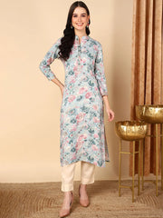 Women Blue Viscose Rayon Floral Printed Straight Kurta