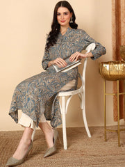 Women Blue Viscose Rayon Ethnic Motifs Printed Straight Kurta-VCK9527A