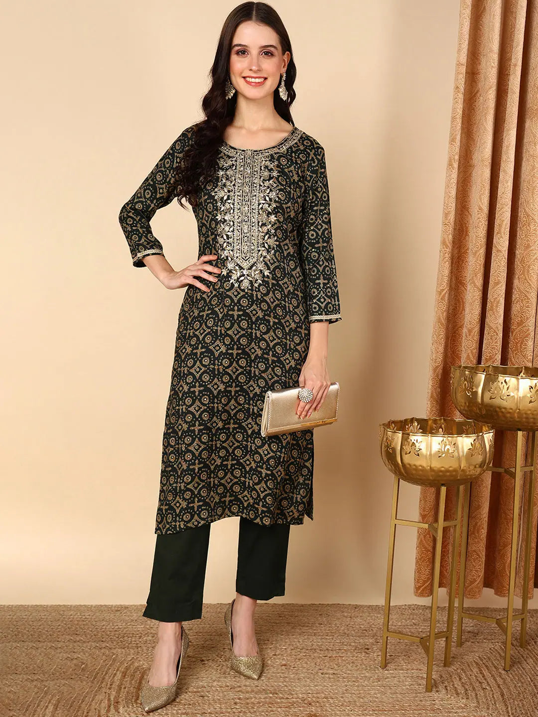 Green Ethnic Motifs Printed Viscose Rayon Indian Kurti