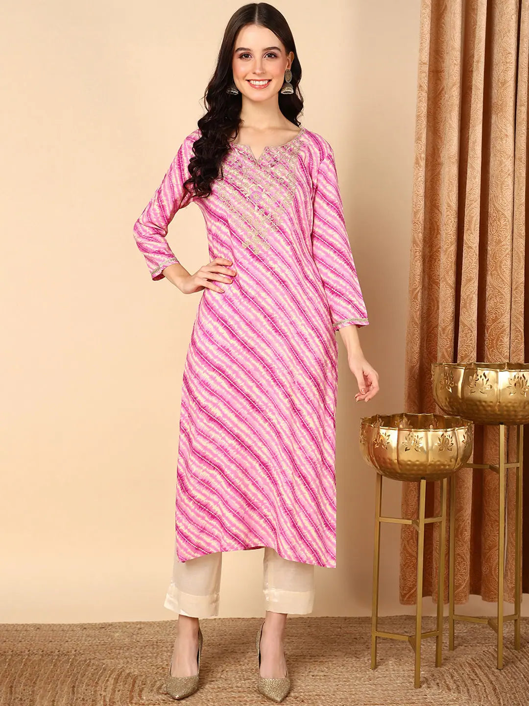 Purple Leheriya Kurta - Viscose Rayon Indian Kurta for Women