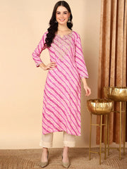 Women Purple Viscose Rayon Leheriya Printed Straight Kurta