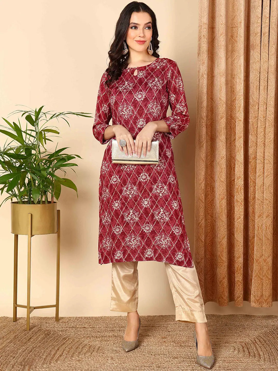 Red Printed Kurta: Viscose Rayon Indian Kurta for Women