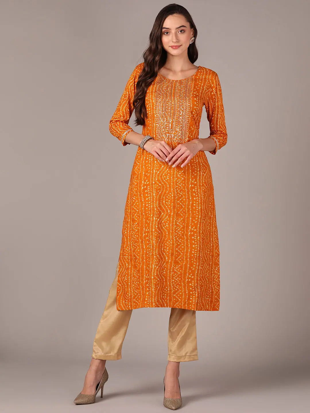 Women Yellow Viscose Rayon Bandhani Embroidered Straight Kurta