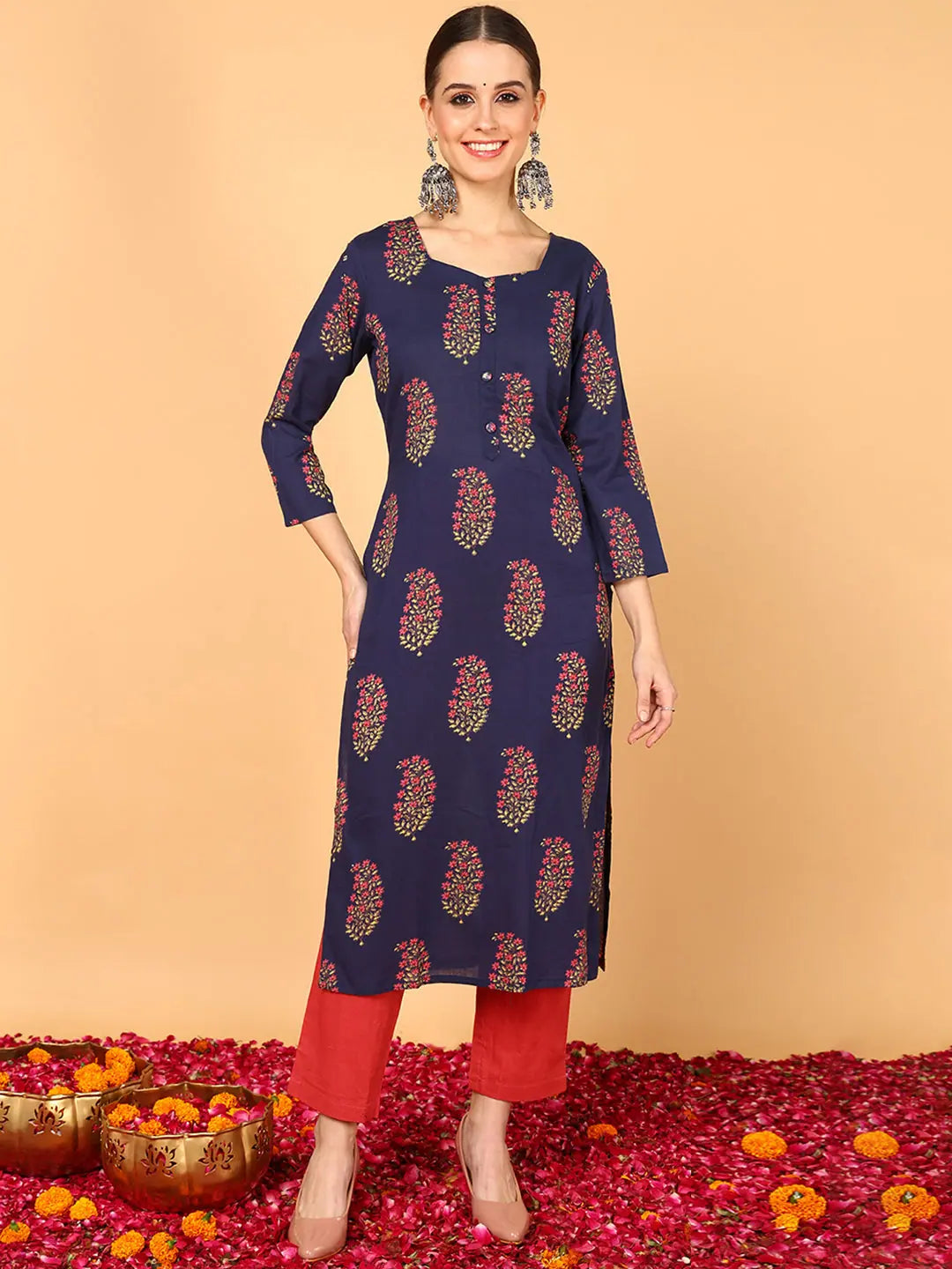 Floral Cotton Kurta | Navy Blue Indian Kurtas for Women