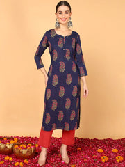 Women Navy Blue Cotton Floral Printed Straight Kurta-VCK1395A