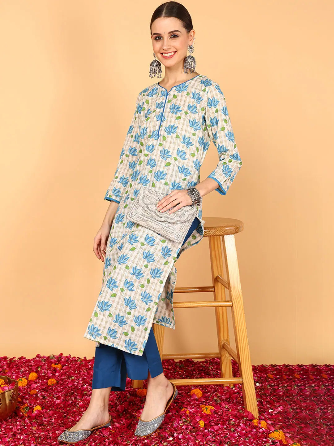 Off White Cotton Kurta | Floral Printed Indian Kurtis Online