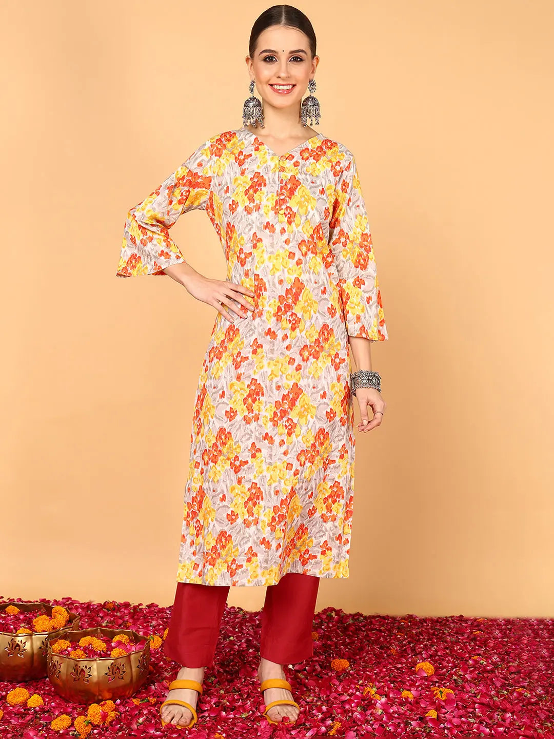 Women Grey Cotton Floral Printed Straight Kurta
