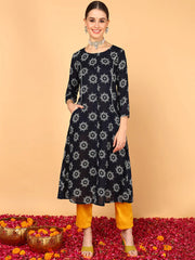 Women Navy Blue Cotton Ethnic Motifs Printed Flared Kurta-VCK8502A