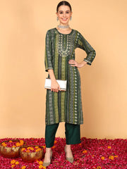 Women Green Viscose Rayon Ethnic Motifs Printed Straight Kurta-VCK9465