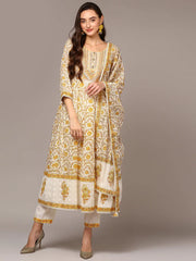 Women Off White Floral Printed Flared Suit Set VKSKD1958