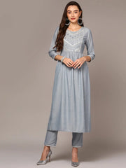 Women Blue Silk Blend Yoke Design Kurta Set VKSET1439