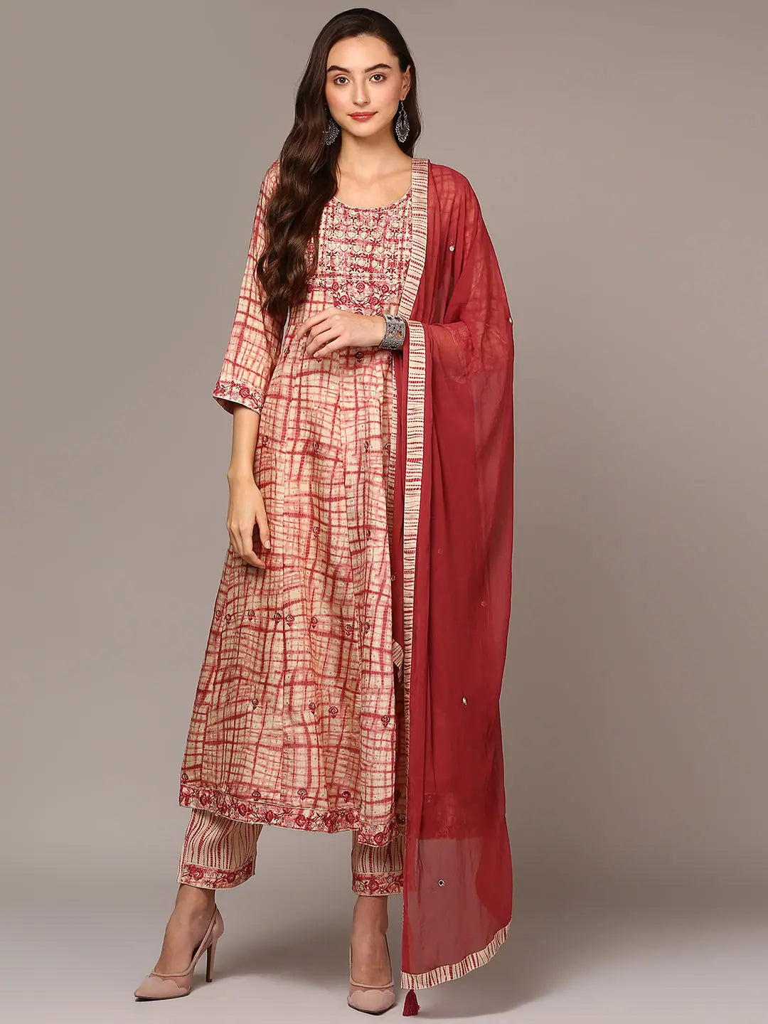 Beige Printed Silk Blend Women's Flared Kurta Set | Indian Kurta
