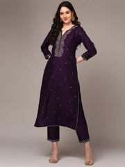 Women Purple Silk Blend Embroidered Straight Kurta Trouser VKSET1441