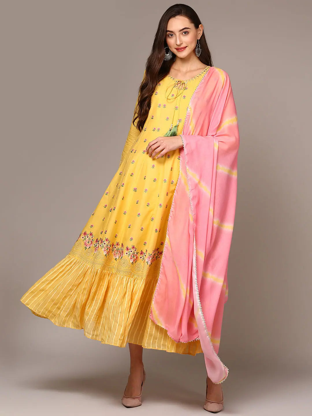 Yellow Embroidered Anarkali Kurta Set - Cotton Indian Kurta