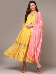 Women Cotton Yellow Embroidered Flared Kurta With Dupatta VKSET1433