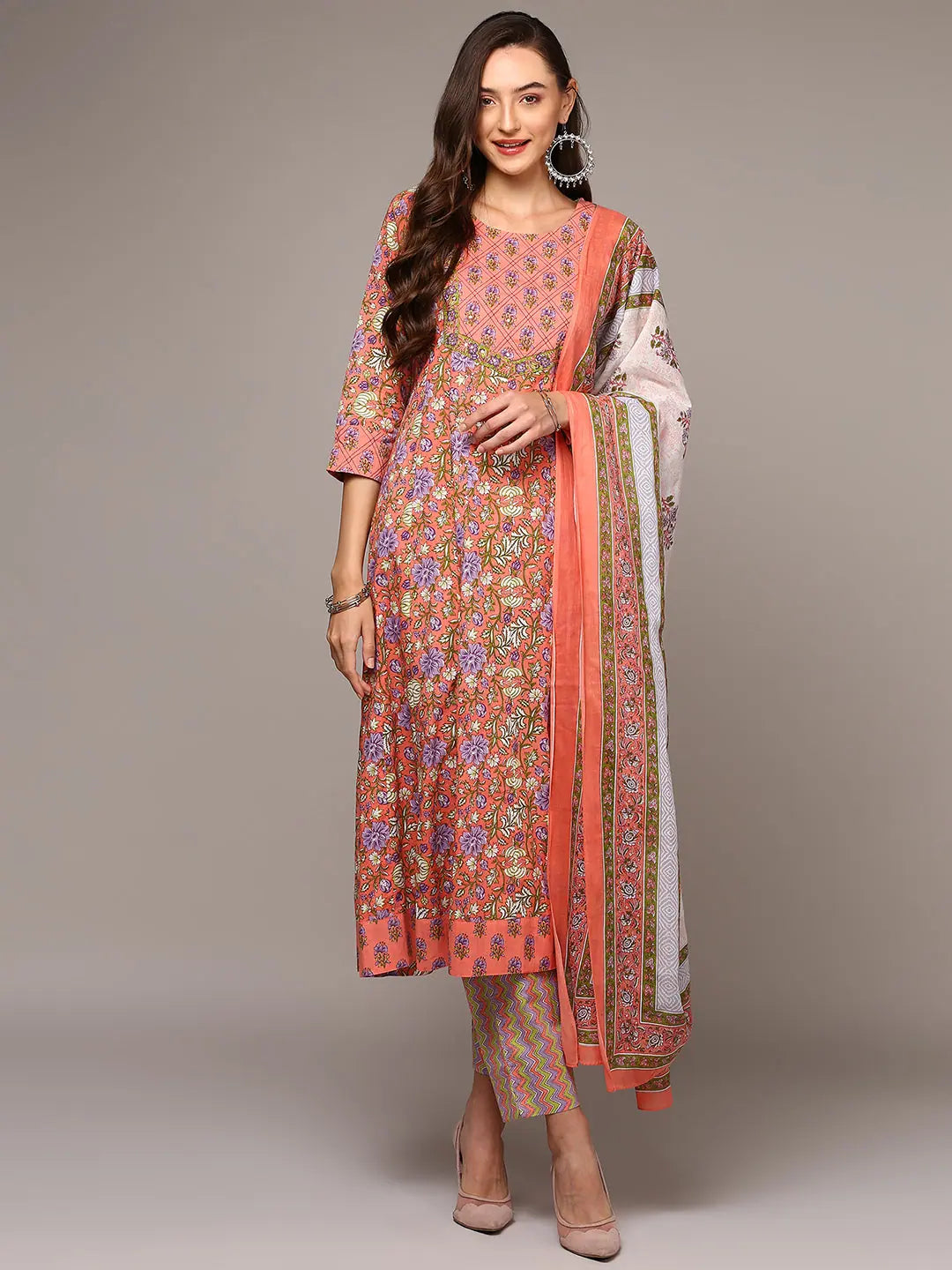Peach Cotton Printed Flared Suit Set | Designer Kurta Sets